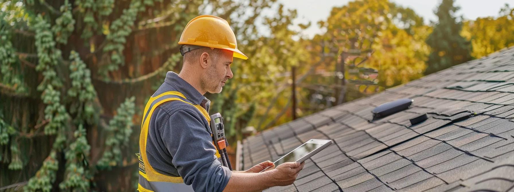 a professional roof inspector, equipped with a tablet and safety gear, meticulously examines a residential roof in an urban norristown setting, emphasizing the importance of expertise and clear communication in the inspection process.