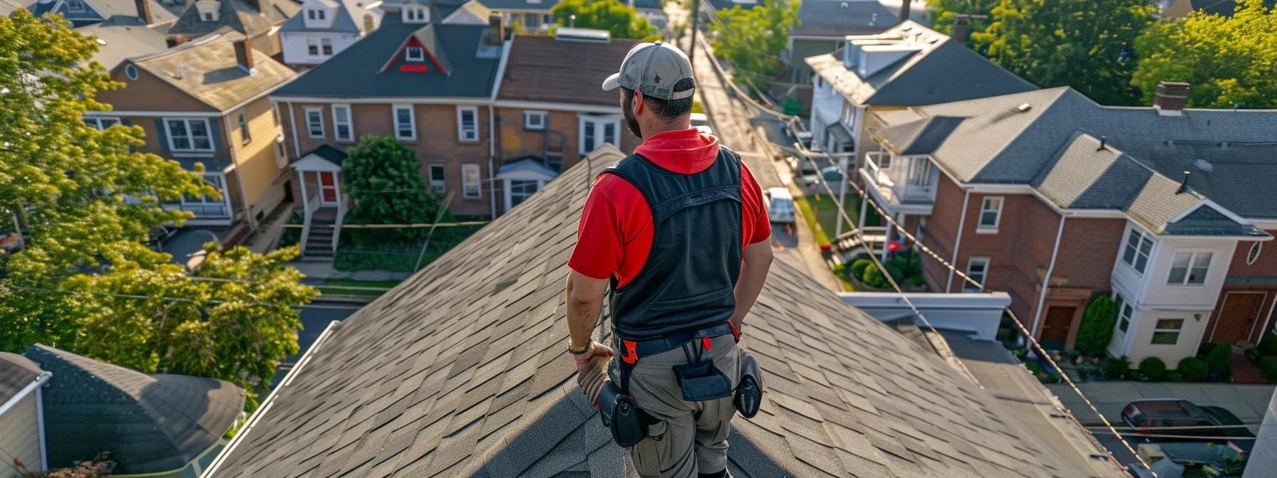 a professional roof inspector, equipped with advanced tools, meticulously examines a residential roof under the watchful gaze of an urban landscape in norristown, showcasing the importance of thorough evaluations in safeguarding property integrity.