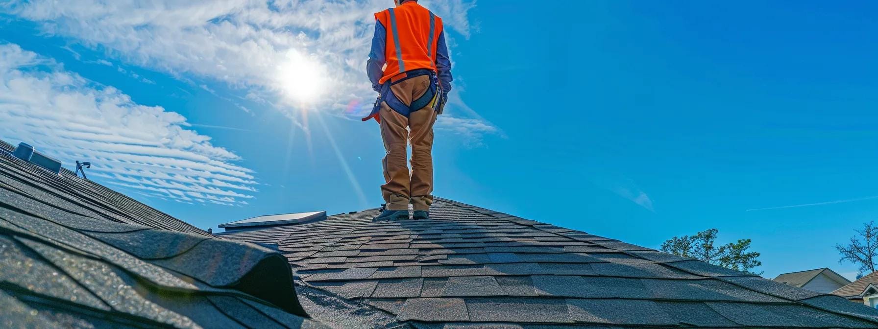 a professional roof inspector stands atop a residential building, attentively examining shingles and flashing under a clear blue sky, with advanced thermal imaging equipment capturing hidden moisture issues in the background.
