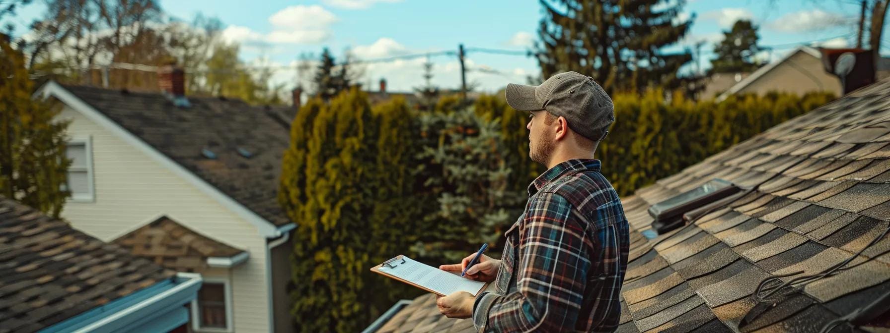 a professional roof inspector surveys a residential roof in norristown, equipped with tools and a clipboard, against a backdrop of varied roof styles and materials that highlight the complexity and investment details of the inspection process.
