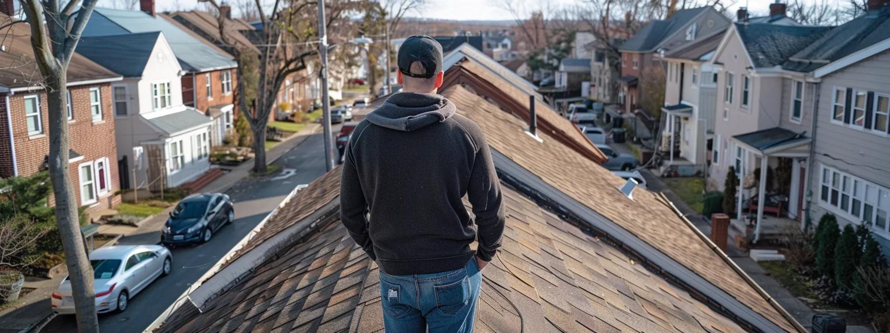 a professional roof inspector thoughtfully examines a home's roof from an elevated position, surrounded by urban architecture in norristown, highlighting the expertise and precision involved in roof inspection services.