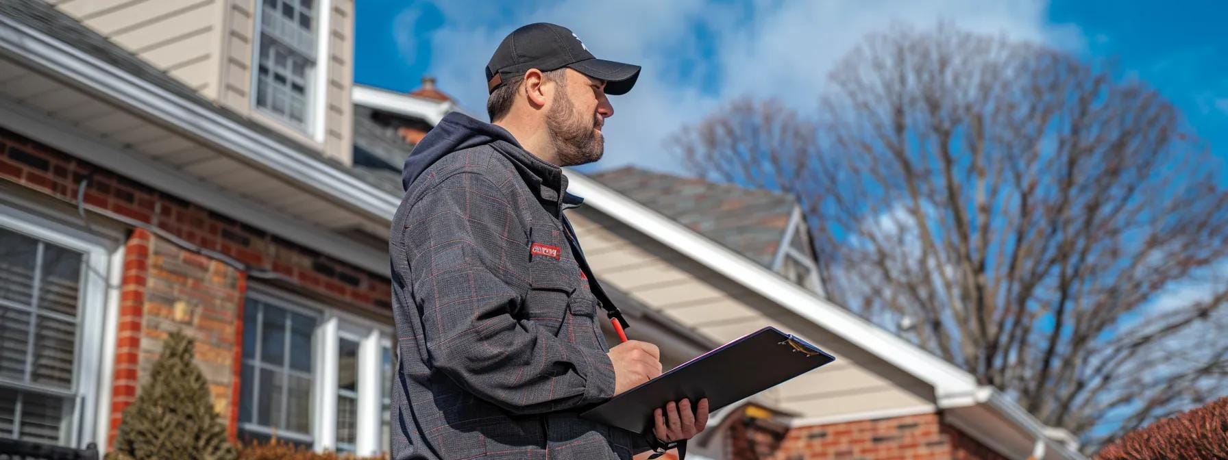a professional roofer inspects a residential roof in norristown, with visible wear on the shingles and a clipboard in hand, set against a blue sky and the house's brick facade, emphasizing the importance of timely roof maintenance and inspections.