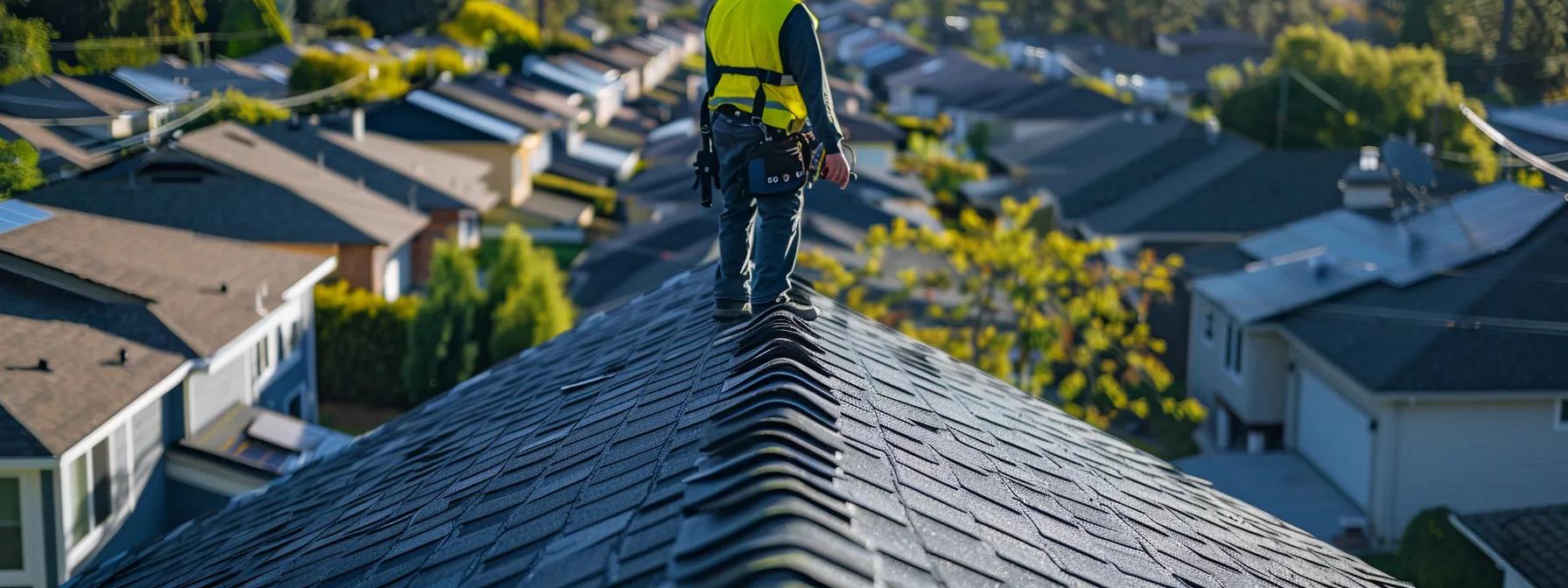 Professional roofing contractor wearing a safety vest walking on a residential roof, surrounded by houses, emphasizing the importance of regular roof inspections and maintenance for homeowners in Norristown.