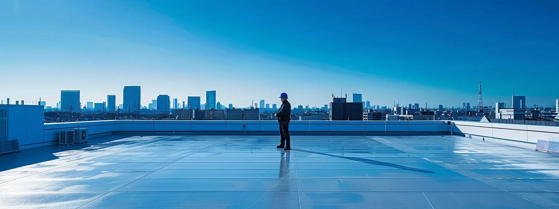 a professional roofing inspector stands on a commercial building's flat roof, intently examining the surface with infrared imaging equipment, surrounded by a clear blue sky and an urban skyline in the background.