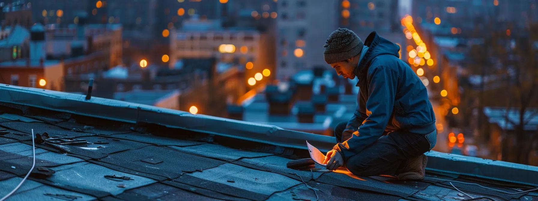 a professional roofing inspector, equipped with high-tech tools, meticulously examines the weathered rooftop of an urban building under bright artificial lights, emphasizing the importance of timely roof evaluations for maintenance.