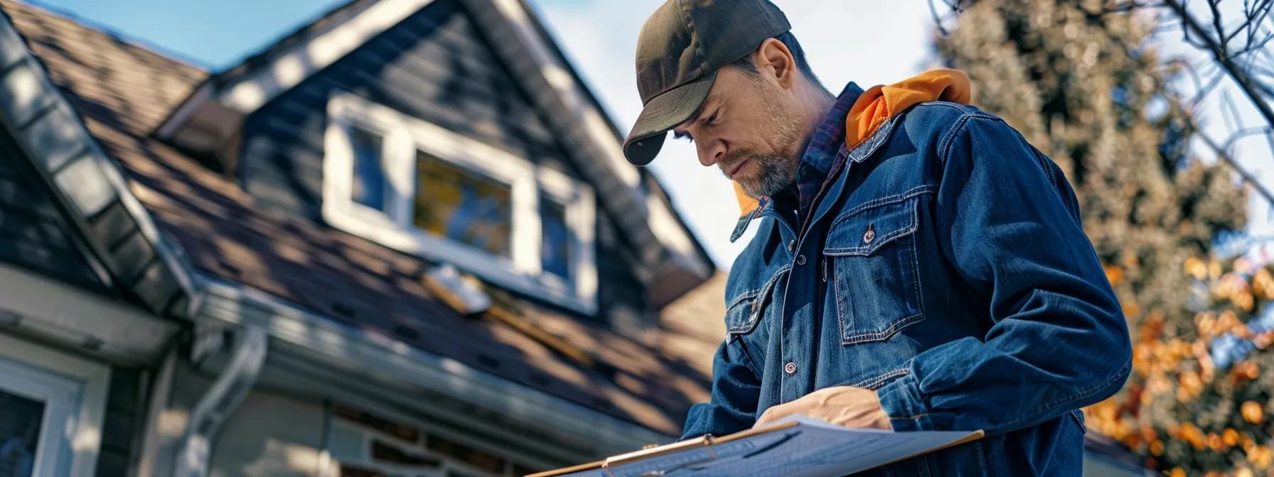 a professional roofing inspector meticulously examining a complex roof structure of a suburban home in norristown, with high-quality tools and a detailed checklist laid out on a clipboard, emphasizing the thoroughness and importance of roof inspections.