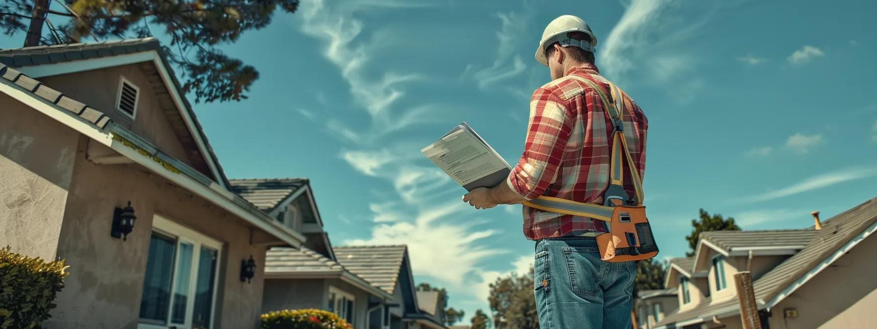 a professional roofing inspector, equipped with advanced tools, meticulously examines a residential roof in a suburban neighborhood, with detailed reports and infrared scanning equipment prominently displayed on a nearby table.