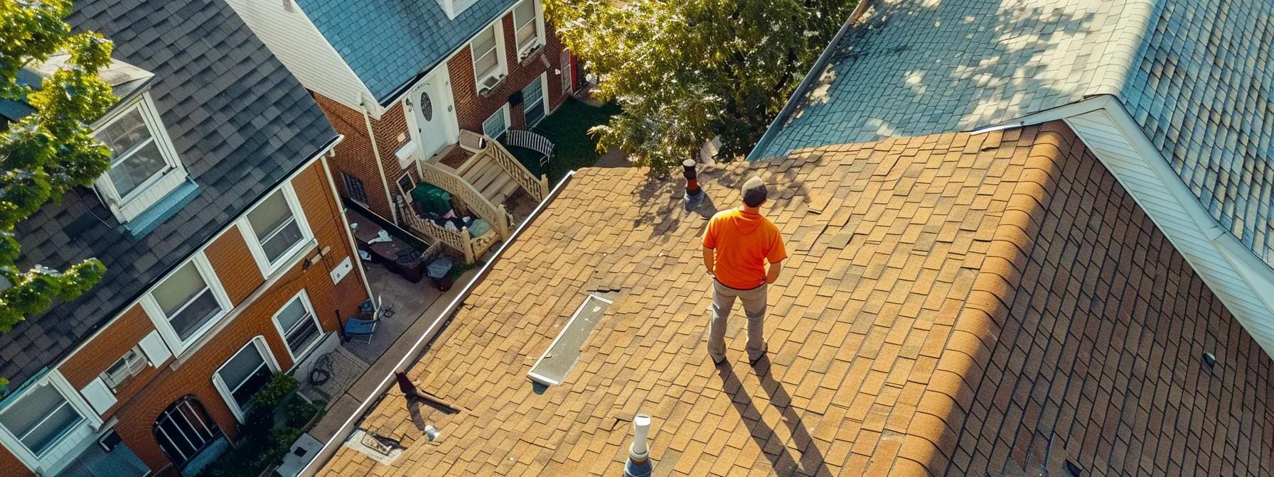 a professional roofing inspector meticulously examines a residential rooftop in an urban norristown neighborhood, capturing the importance of regular assessments for homeowner peace of mind against potential damages.