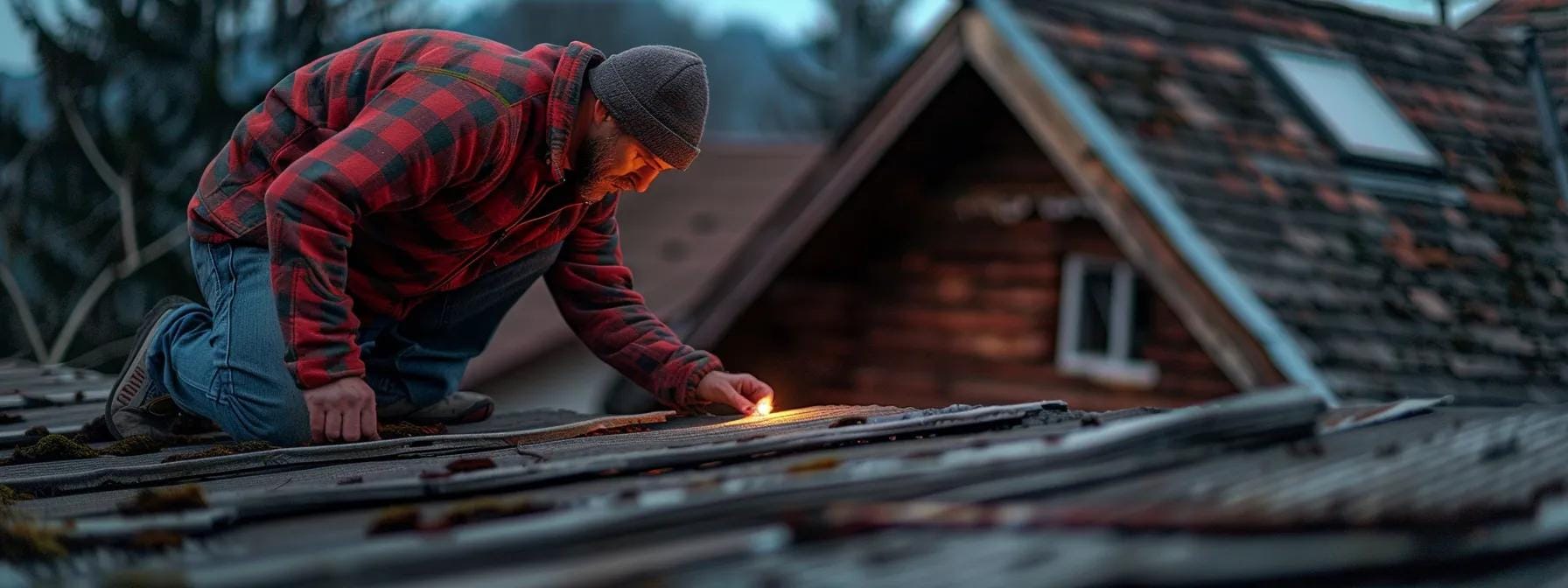 a professional roofing inspector meticulously examines a rooftop covered in weathered shingles under bright artificial lighting, emphasizing the importance of thorough assessments for maintaining property value and structural integrity.