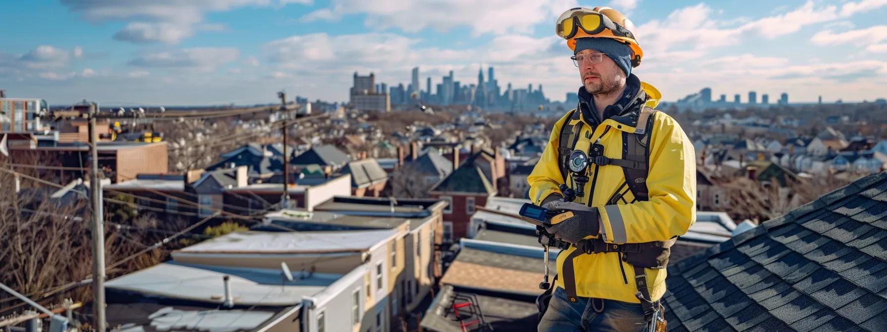 a rooftop inspector, equipped with safety gear and drone technology, meticulously evaluates a residential roof in norristown, capturing detailed findings amidst the urban skyline in the background.