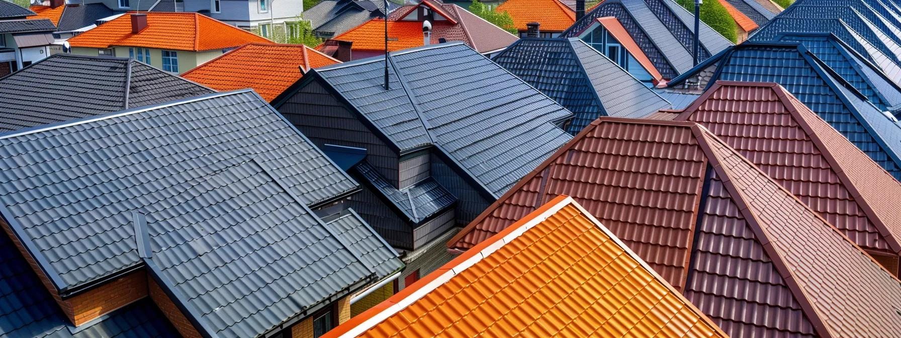 a sharp, high-angle view of a diverse array of roofs in an urban setting, highlighting asphalt shingle, metal, and flat roofs, with an inspector evaluating their conditions against a clear blue sky.