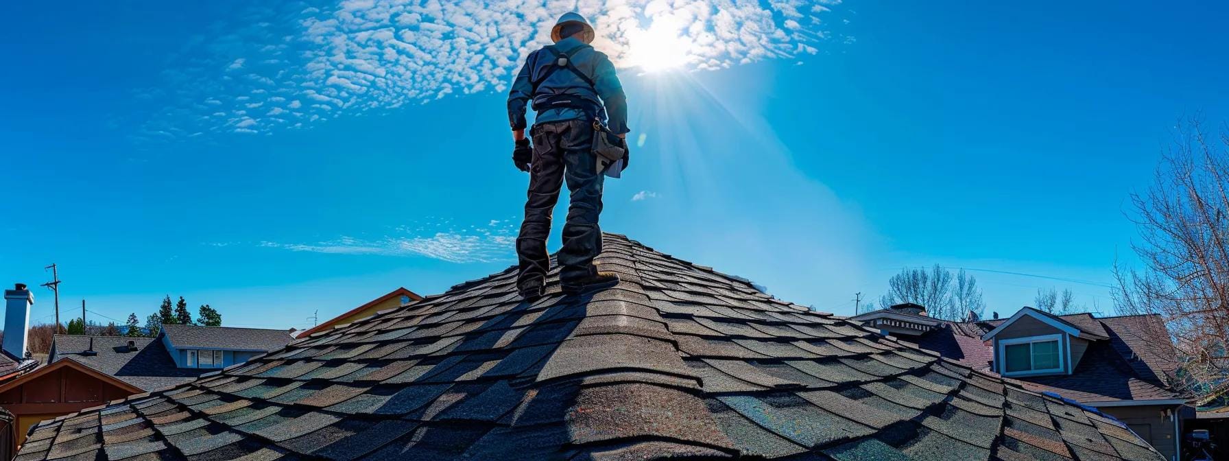 a skilled roofer stands atop a residential roof, expertly repairing vibrant asphalt shingles under a clear blue sky, surrounded by a variety of roofing material samples on a nearby workbench, showcasing the diversity of choices available for homeowners.