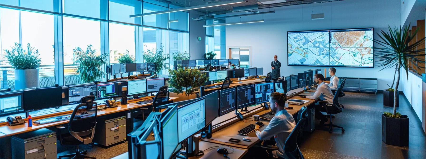 a sleek, modern emergency response office filled with focused technicians poised at their desks, rapidly coordinating the swift dispatch of leak repair teams as digital maps and real-time notifications illuminate screens around them.