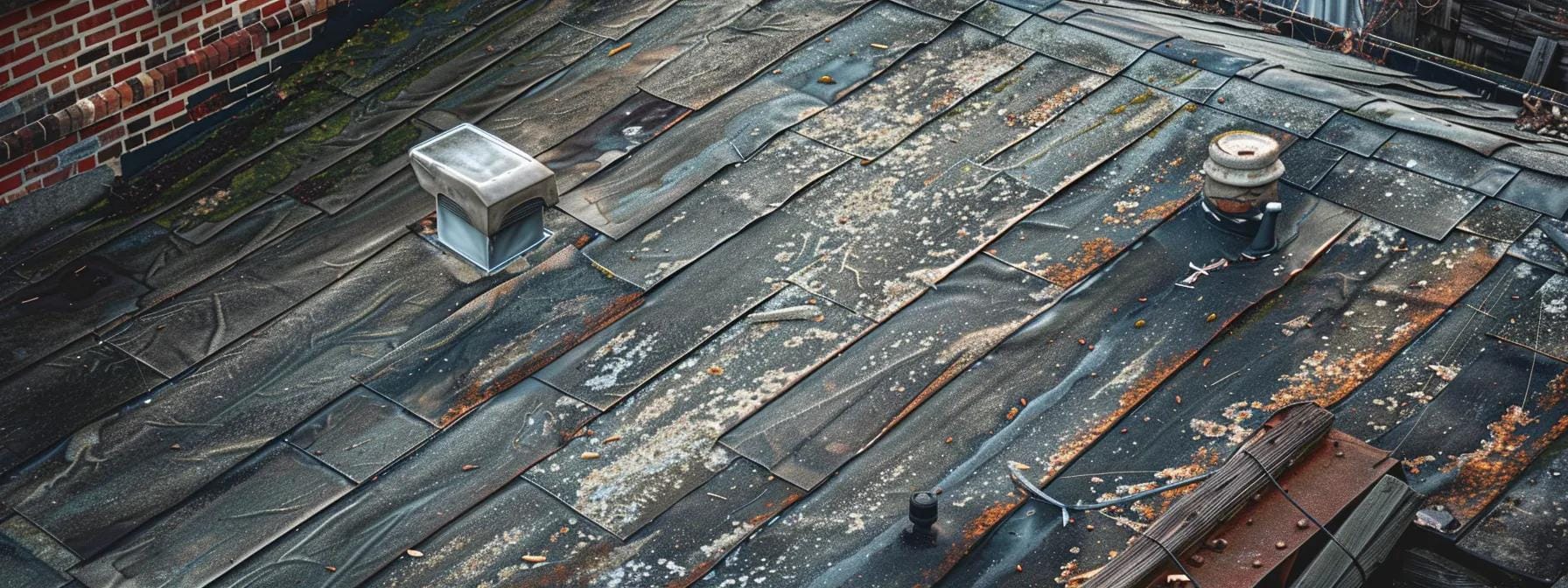 a stark, urban rooftop scene showcases visible signs of deterioration, with water stains and crumbling shingles, emphasizing the urgent need for inspection to prevent extensive structural damage.