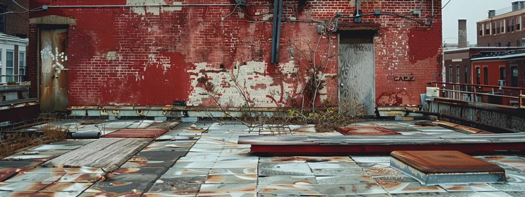 a weathered rooftop marked by signs of aging and deterioration set against a backdrop of urban architecture in norristown, emphasizing the critical need for regular inspections amidst its distinct climatic challenges.