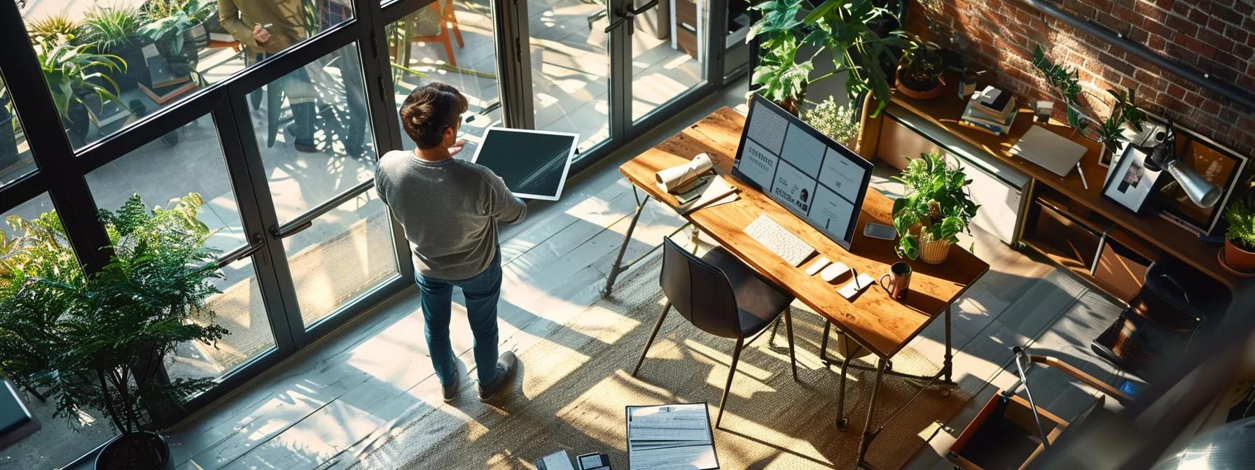 a well-organized urban office space features a focused homeowner consulting a roofing contractor over detailed repair plans, with clear visual indicators of an emergency roof situation displayed on a digital tablet nearby.