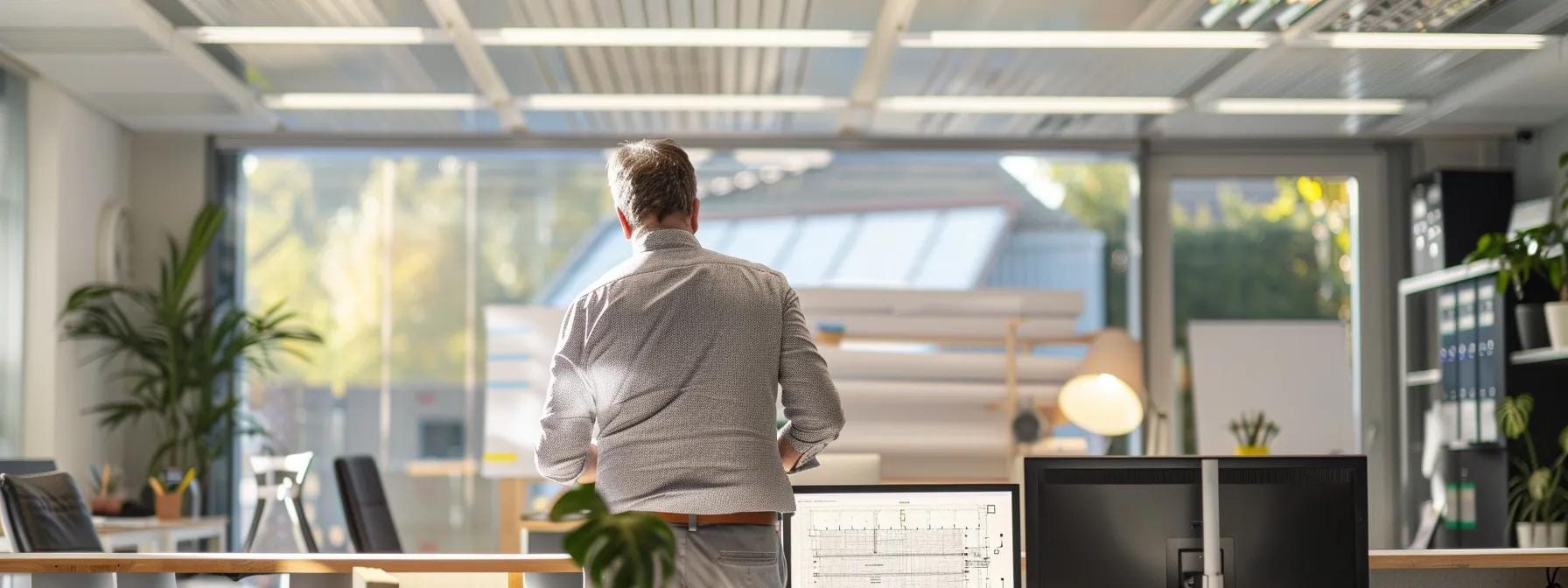 a well-appointed office featuring a professional inspecting a detailed roof blueprint, illuminated by soft overhead lighting to highlight the significance of proactive maintenance and its benefits in a competitive real estate market.