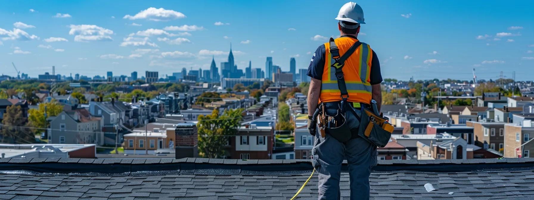 a well-equipped professional inspecting a residential roof in norristown, with a clear blue sky and the urban skyline in the background, emphasizing the importance of thorough evaluations to ensure safety and integrity.