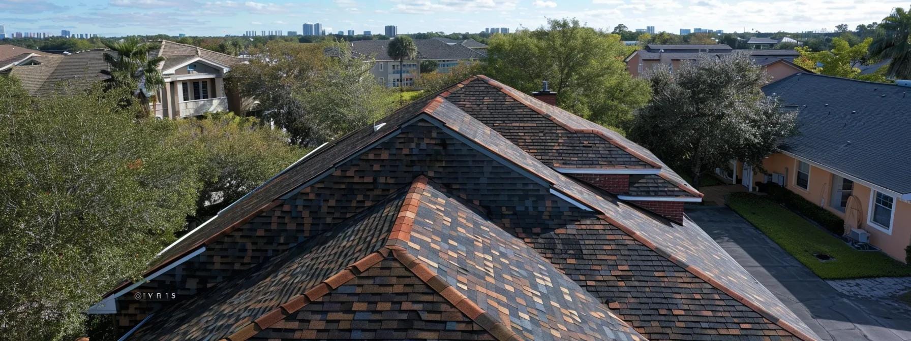 an elevated view of a suburban home with a visibly worn roof, showcasing cracked shingles and dark stains under a bright urban skyline, emphasizing the urgency for a roof inspection.