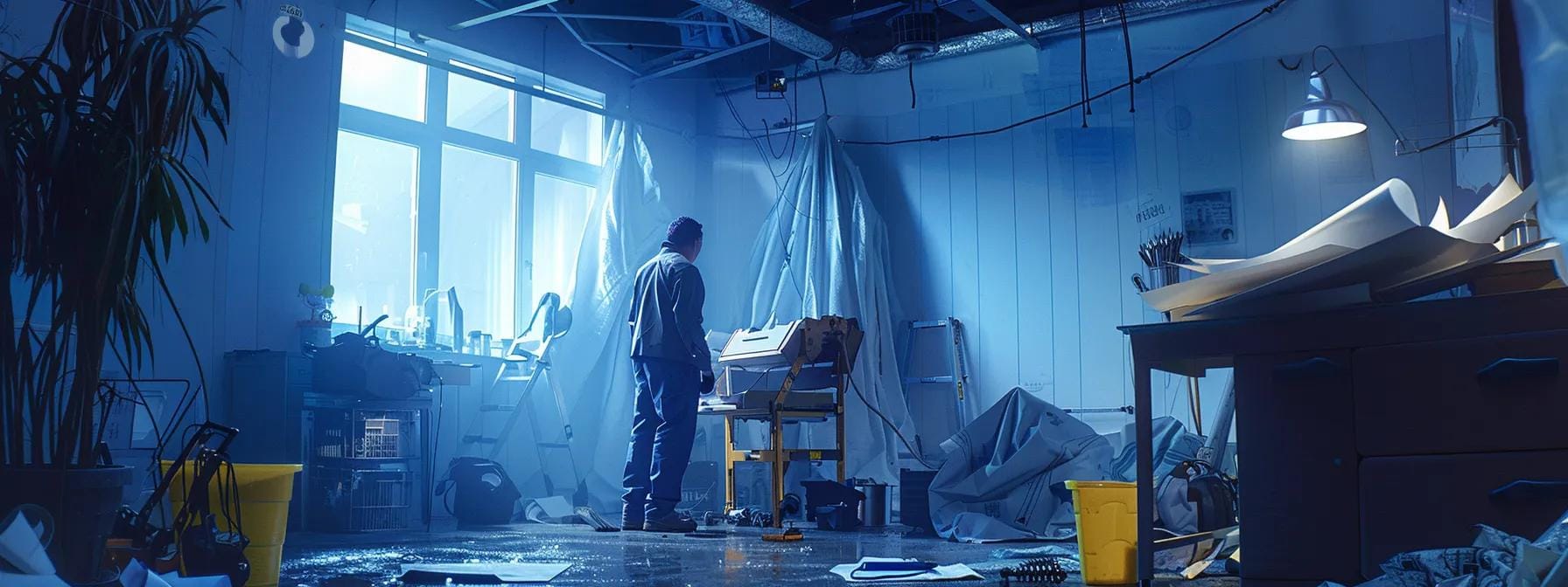an interior scene depicts a professional contractor inspecting a damaged roof from a well-lit office equipped with blueprints and repair tools, emphasizing the urgent and methodical nature of emergency roof repairs.