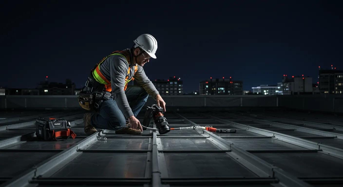 a professional contractor inspects a robust commercial roof from a modern office rooftop, equipped with tools and safety gear, under dramatic artificial lighting that emphasizes the urgency and preparation for impending seasonal weather challenges.