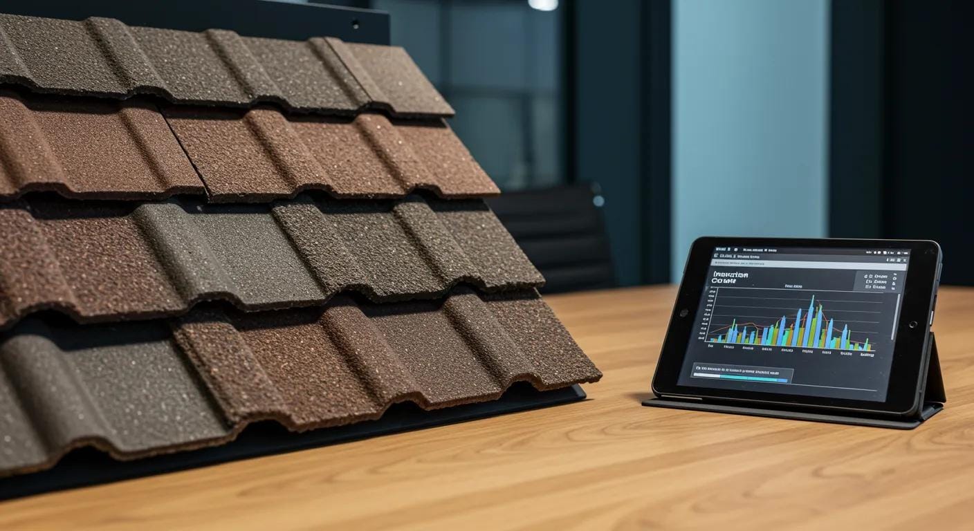 a detailed close-up of various roofing materials displayed on an office conference table, showcasing their textures and colors against a sleek, professional backdrop, with a digital tablet nearby displaying inspection cost data.