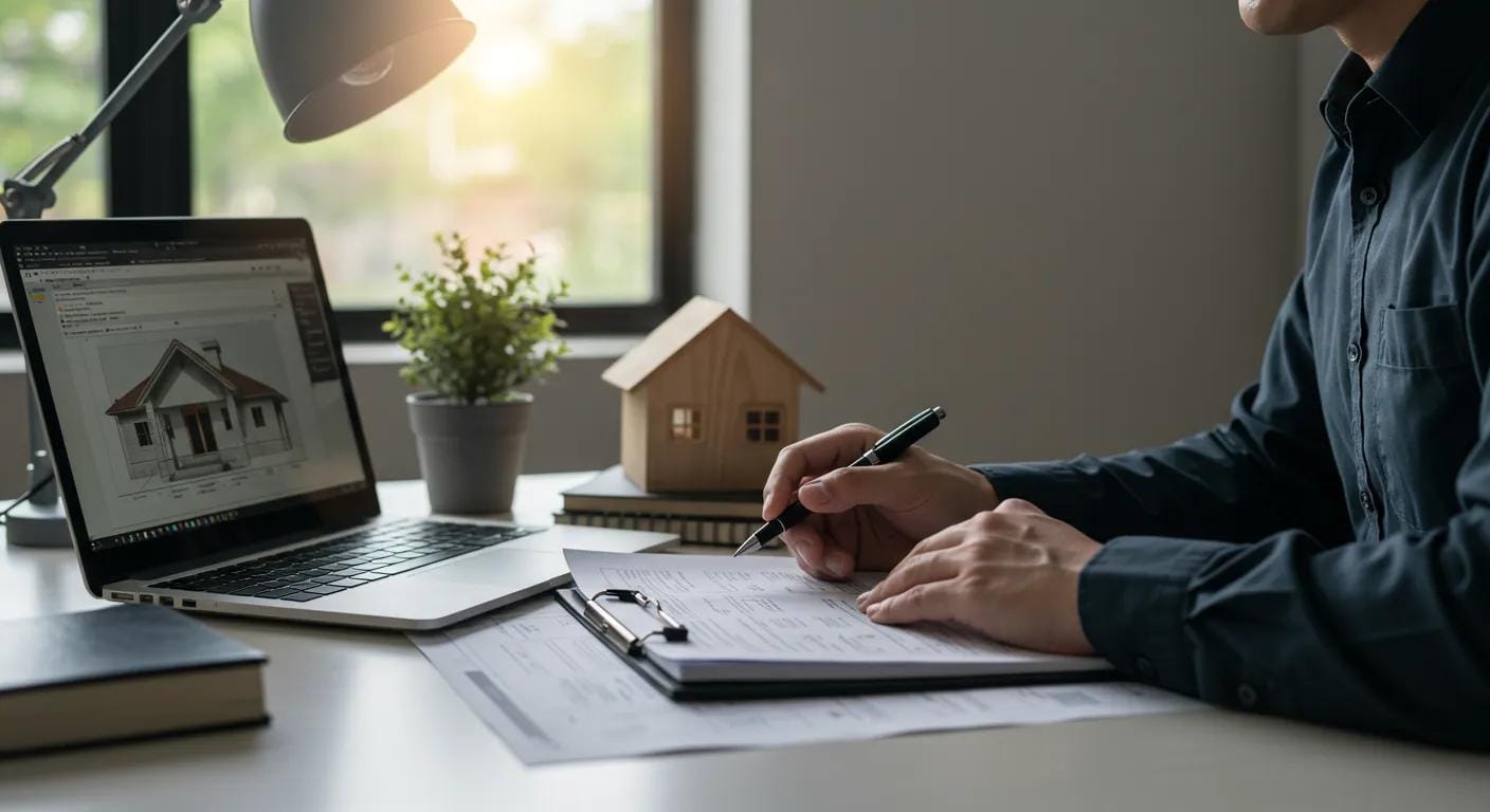 a focused, well-lit office setting showcases a homeowner seated at a sleek desk, analyzing a detailed roof inspection budget report on a modern laptop, with construction documents and repair cost estimates prominently displayed.