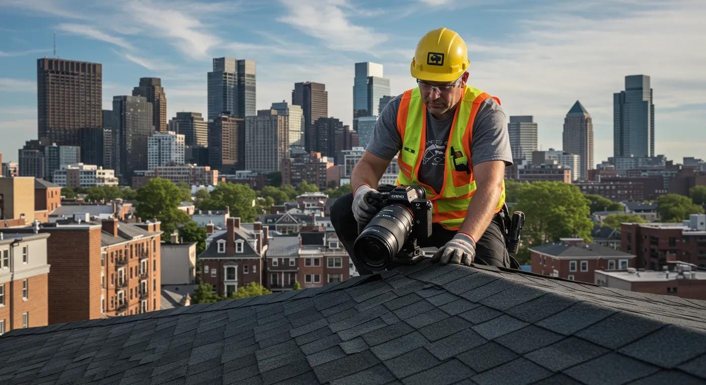 a skilled contractor inspects a freshly repaired roof against the backdrop of a bustling norristown urban skyline, highlighting the blend of local expertise and community-focused service.