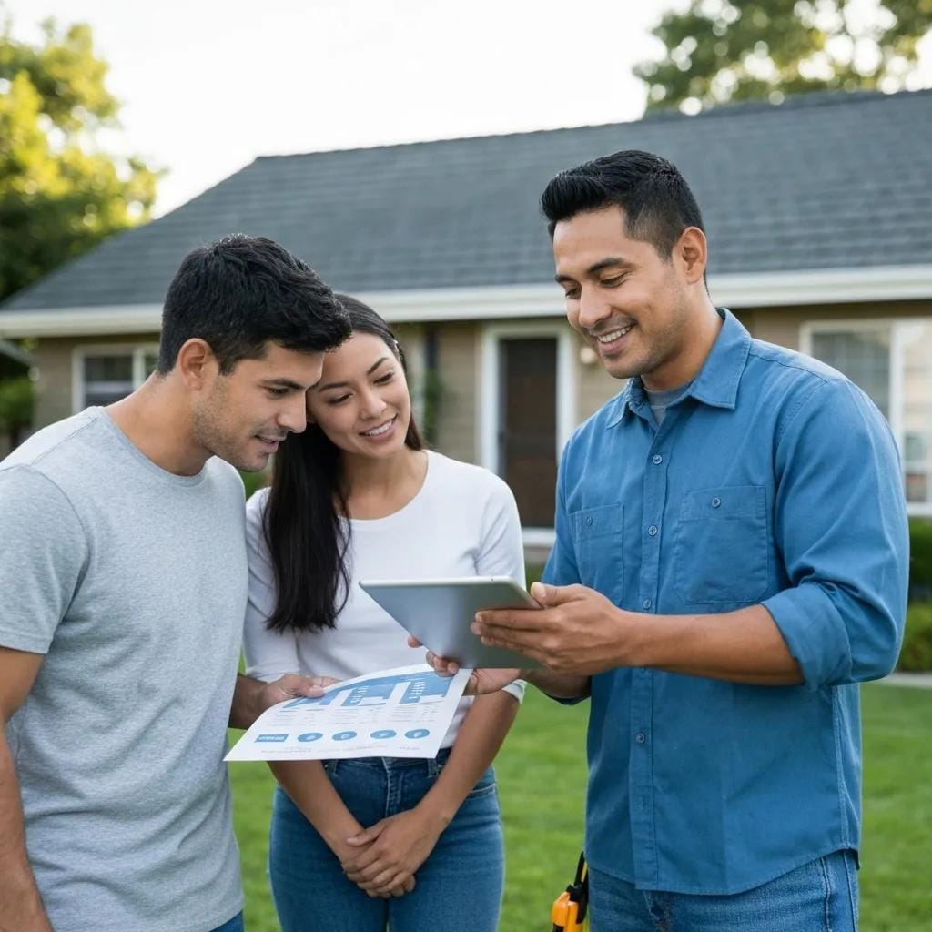 Contractor explaining financing options to homeowners outside their house
