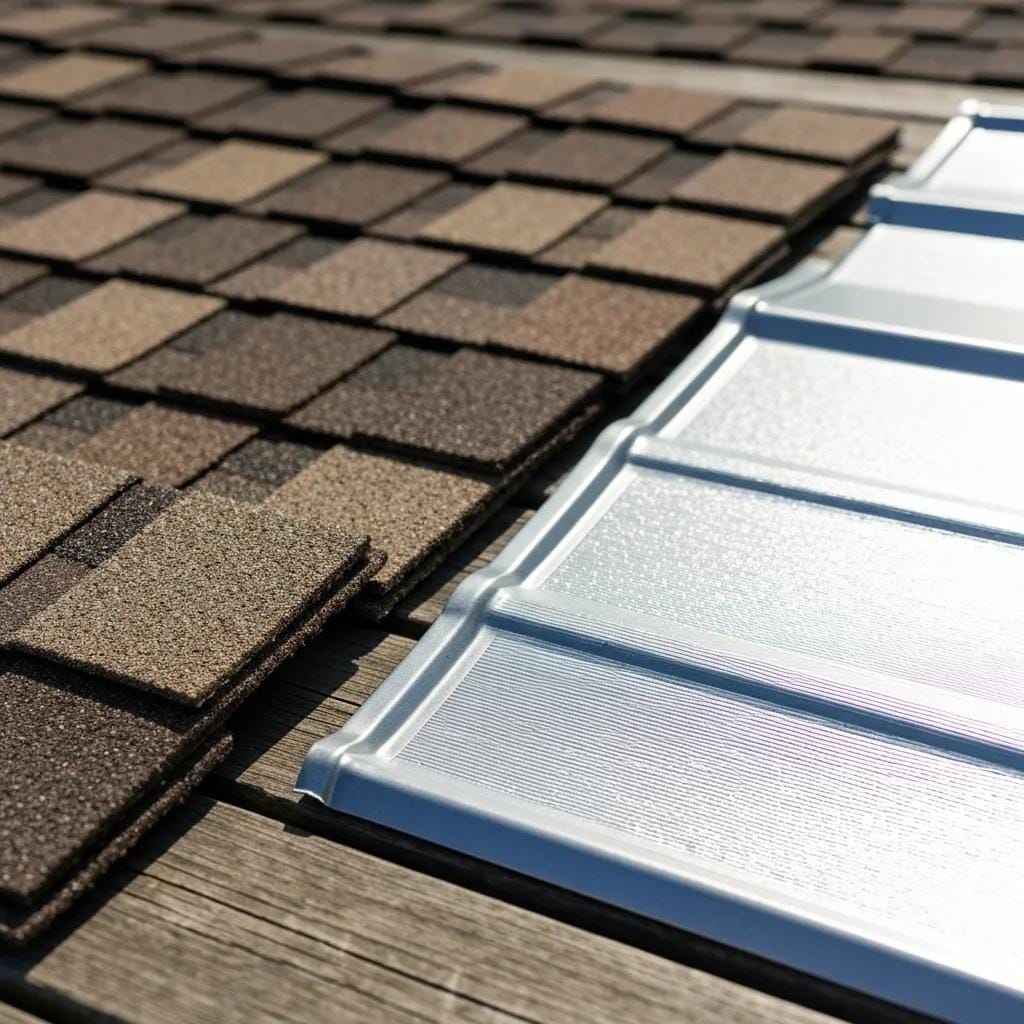 Detailed view of roofing materials, including asphalt shingles and metal panels