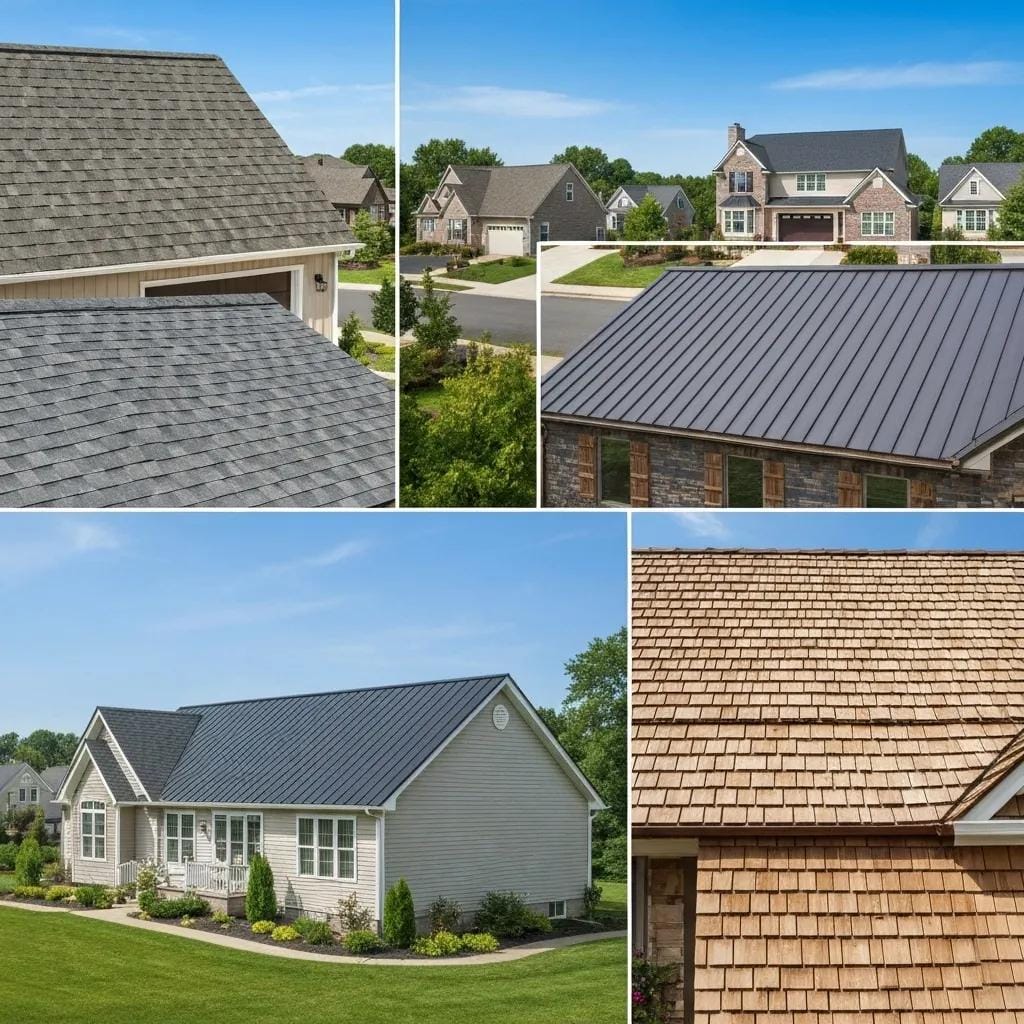 Diverse roofing materials in a suburban setting, highlighting asphalt shingles, metal panels, slate tiles, and cedar shakes