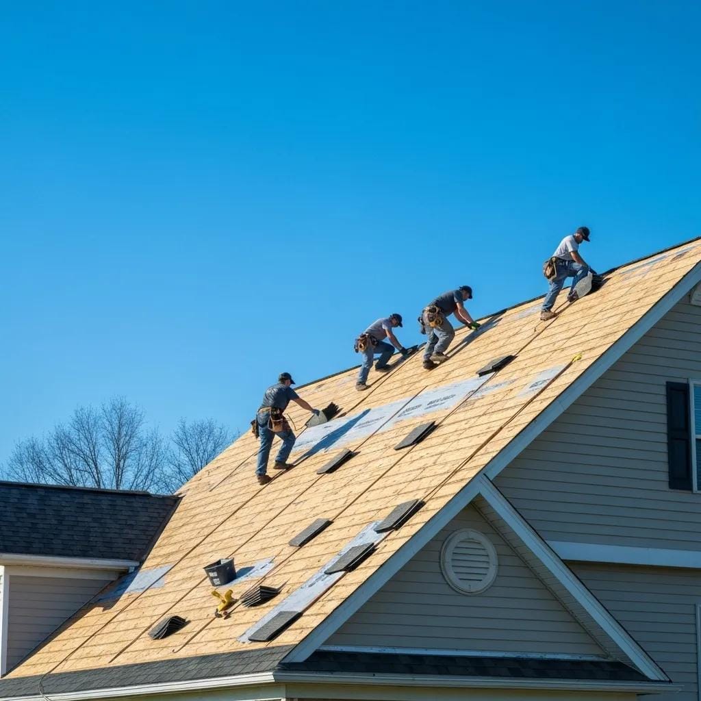 Residential roof replacement in Collegeville, PA, showcasing workers and roofing materials