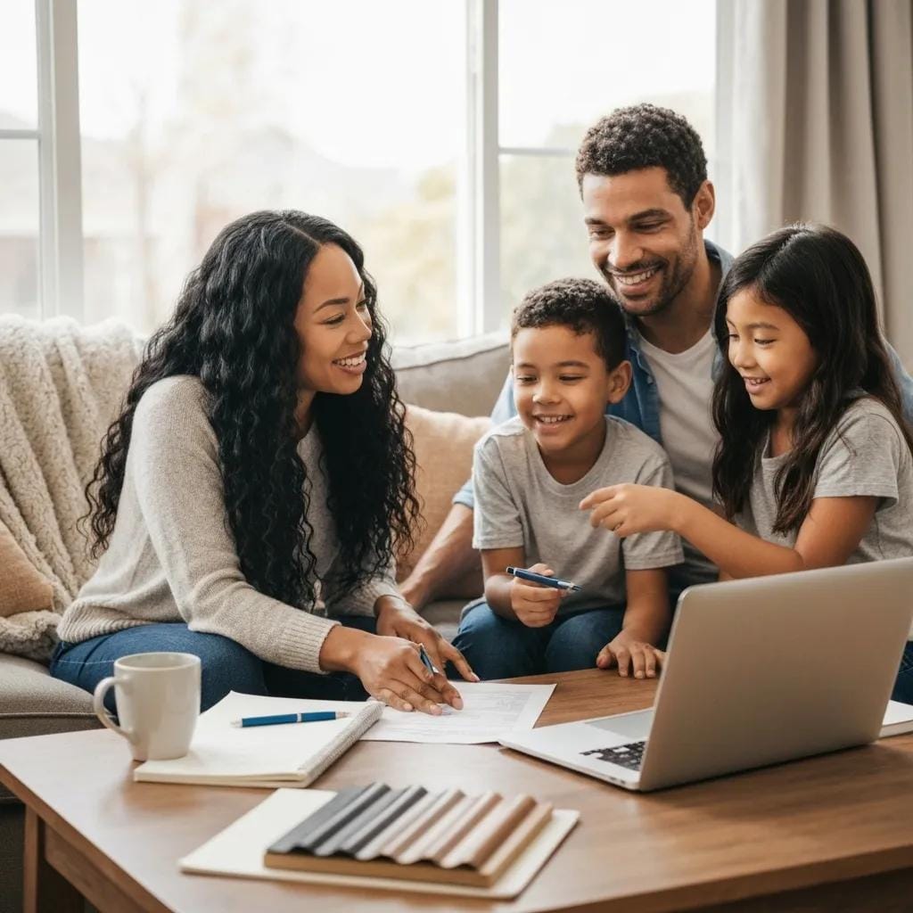Family discussing roof replacement financing options in a cozy living room