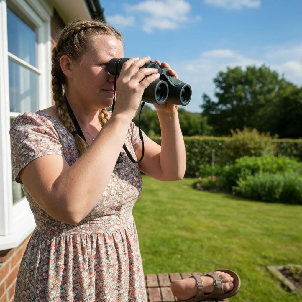 Homeowner inspecting roof condition with binoculars, highlighting the importance of maintenance