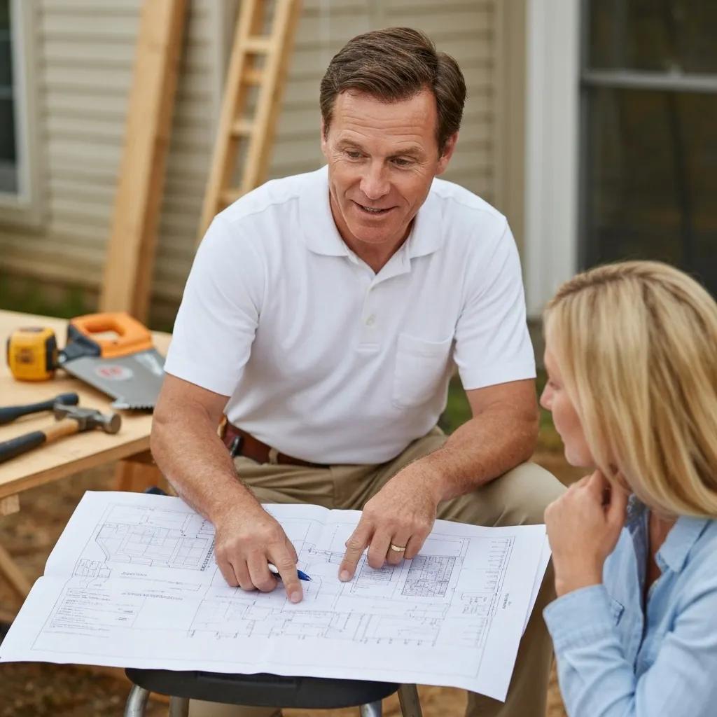 Contractor explaining 0% APR financing options to a homeowner at a construction site
