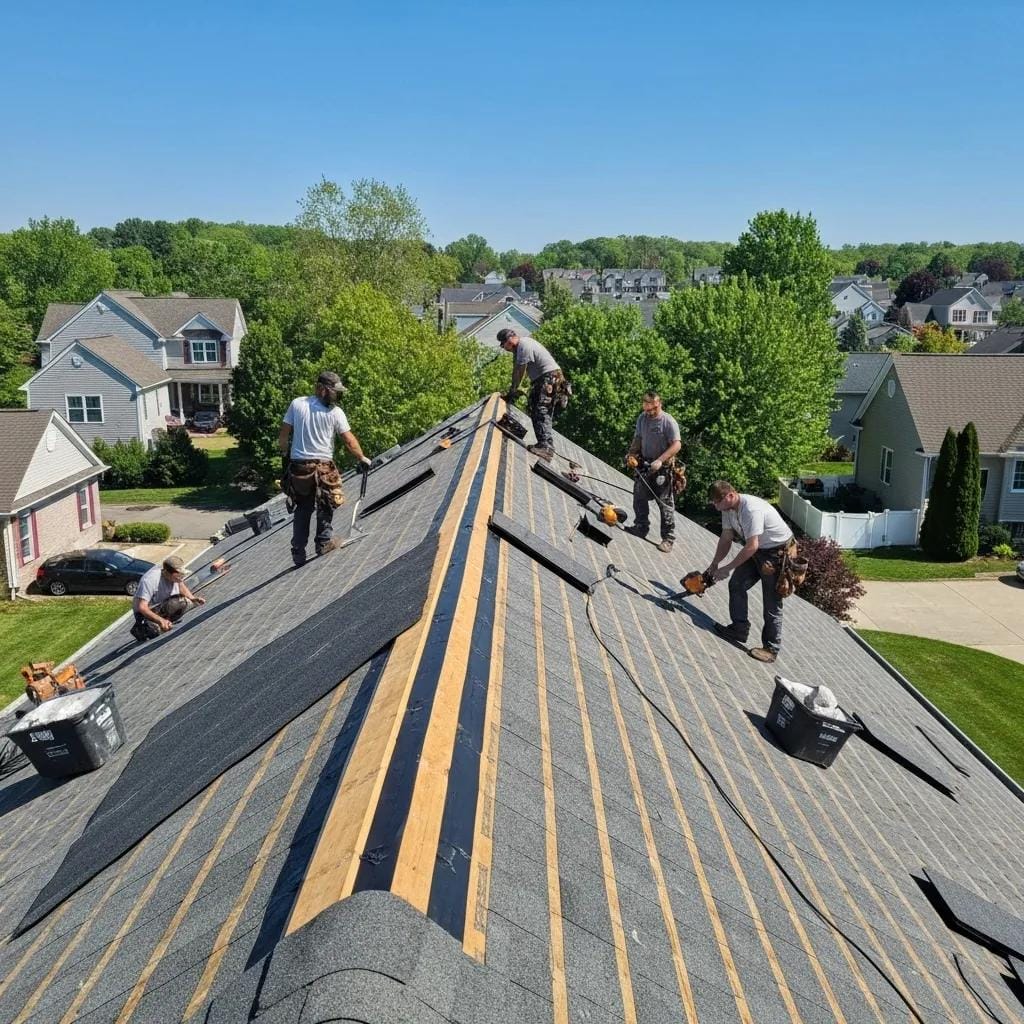 Residential roof replacement project in Collegeville with workers and tools