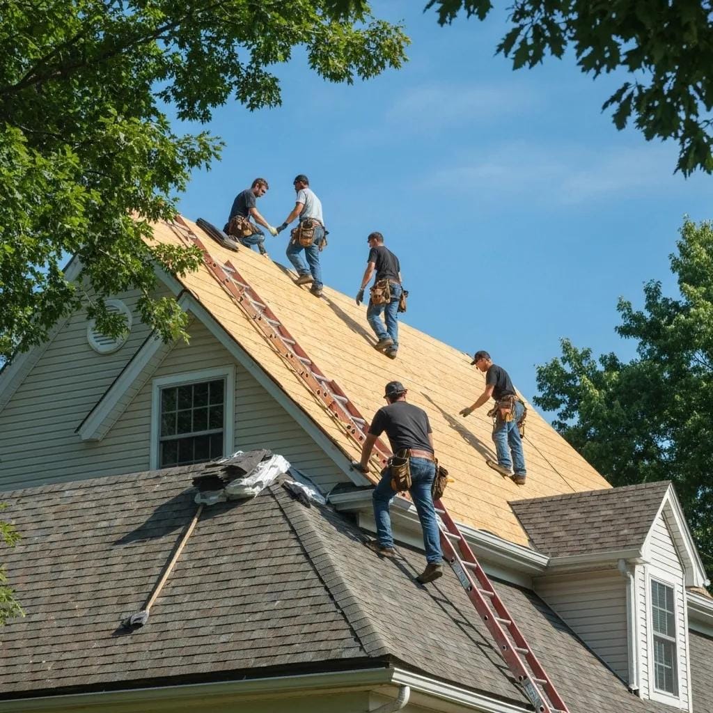 Residential roof replacement in Collegeville with professional roofers at work