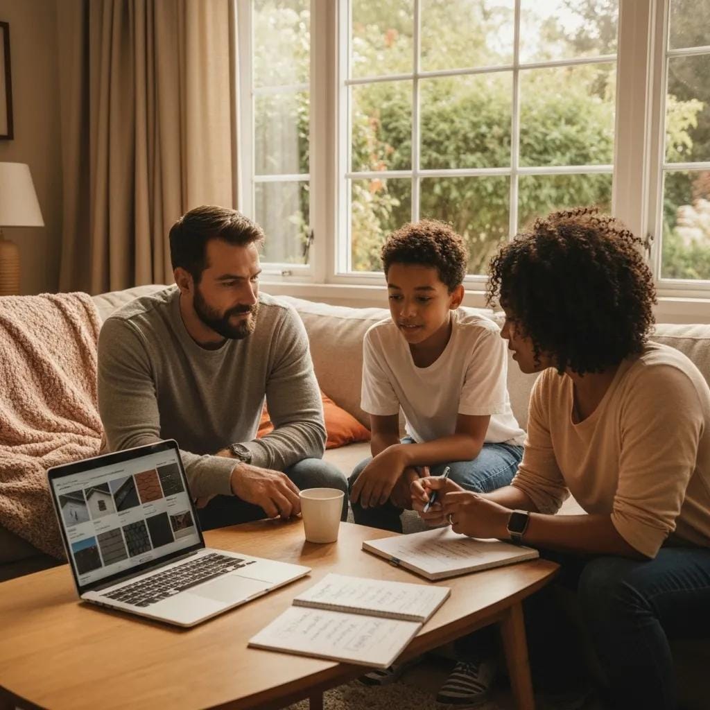 Family discussing roof replacement financing options in a cozy living room