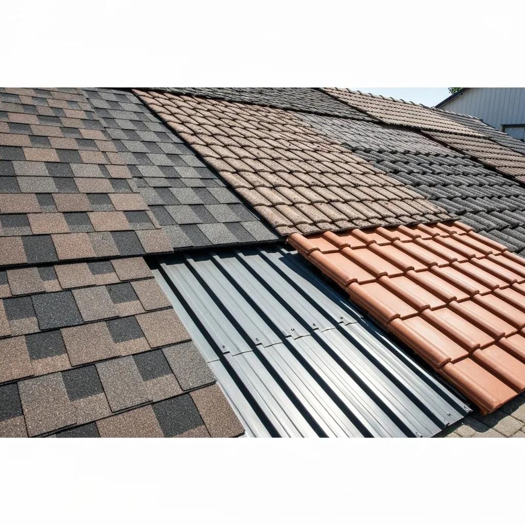 Diverse roofing materials including asphalt shingles, metal panels, and tiles showcasing quality and durability