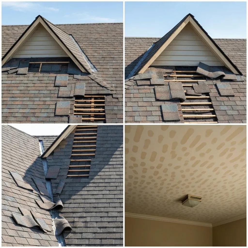 Visible signs of roof damage including curling shingles and water stains