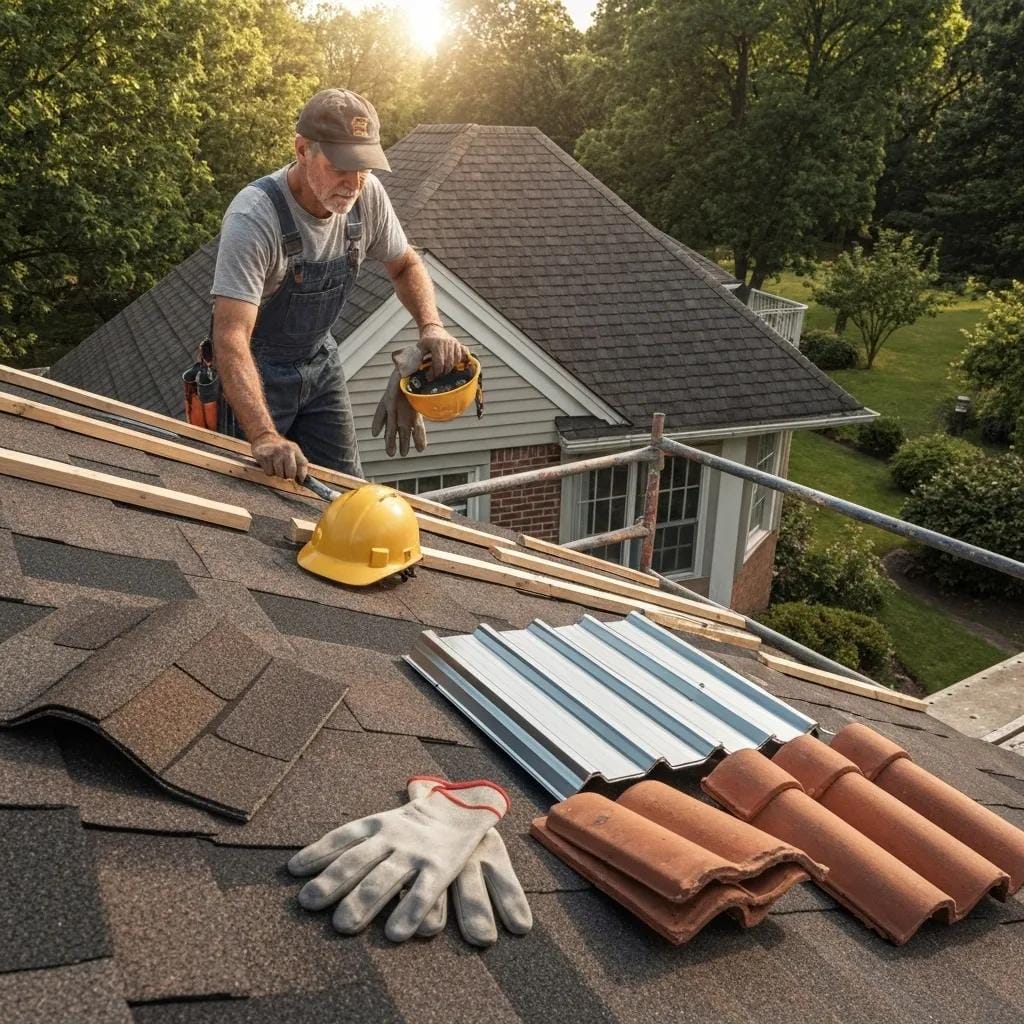 A construction professional examining roofing materials at a Collegeville residence, highlighting cost-influencing elements