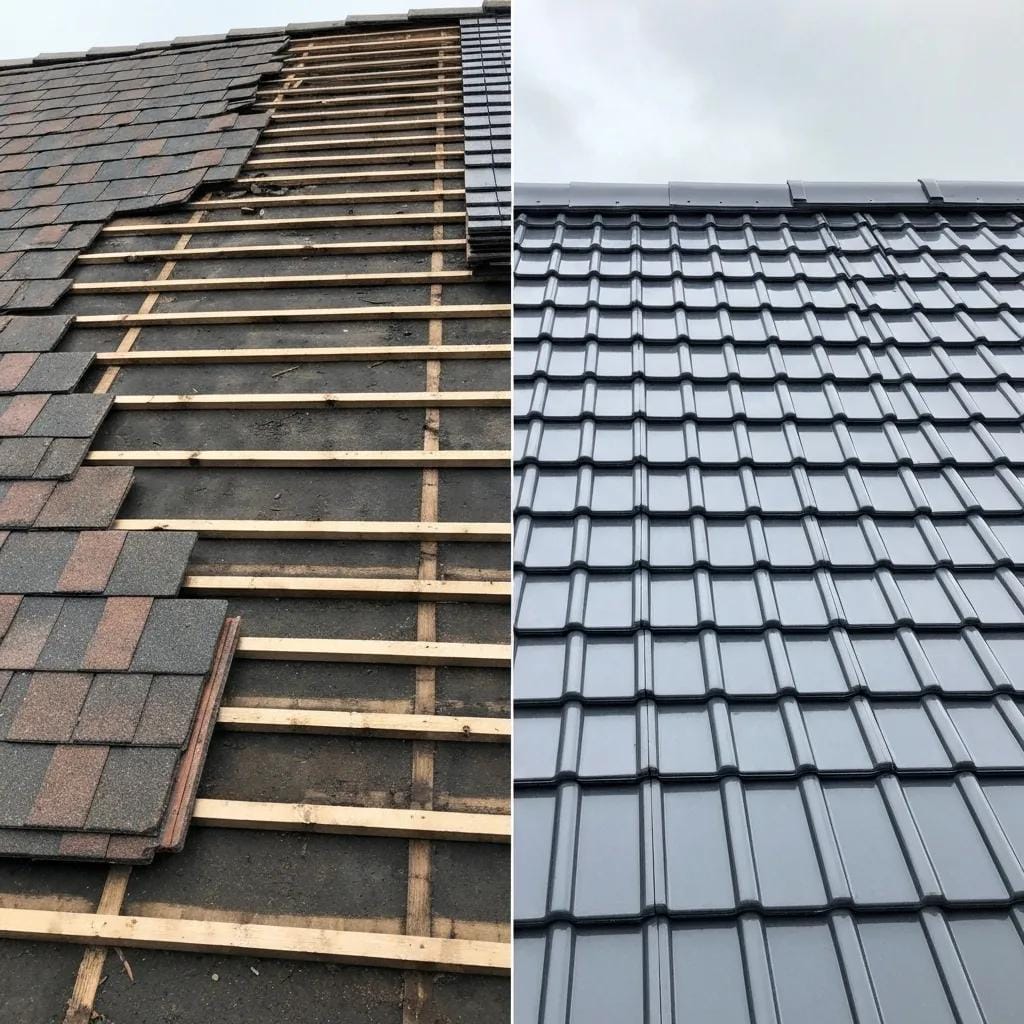 A visual comparison showing a damaged roof section needing repair next to a newly installed, pristine roof, illustrating the repair vs. replacement decision