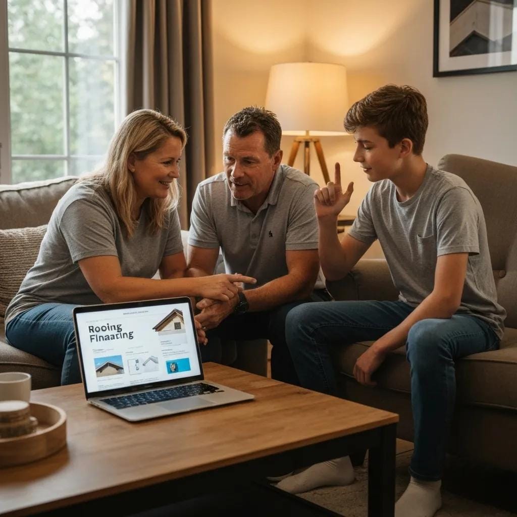 Family discussing affordable roofing financing options in a cozy living room