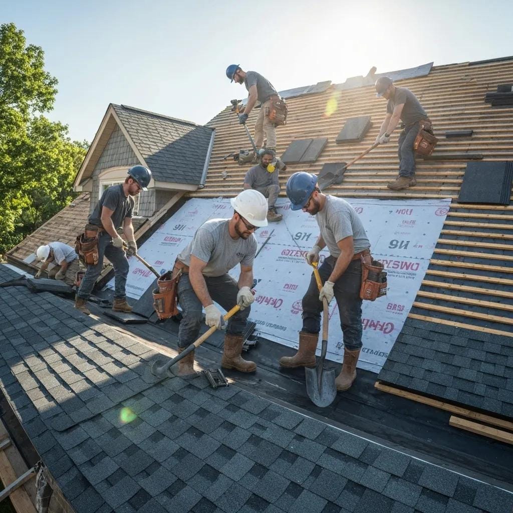 A roofing crew actively installing a new roof on a Collegeville home, illustrating the installation process