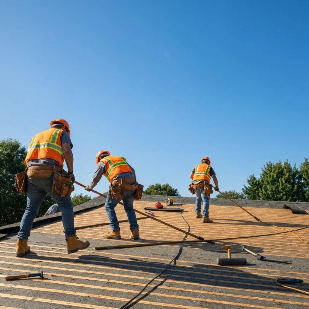 Residential roof replacement in Collegeville, PA, highlighting workers and tools