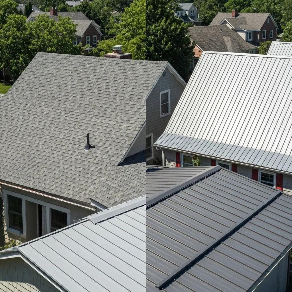 Comparison of asphalt shingles and metal roofing on homes in Collegeville