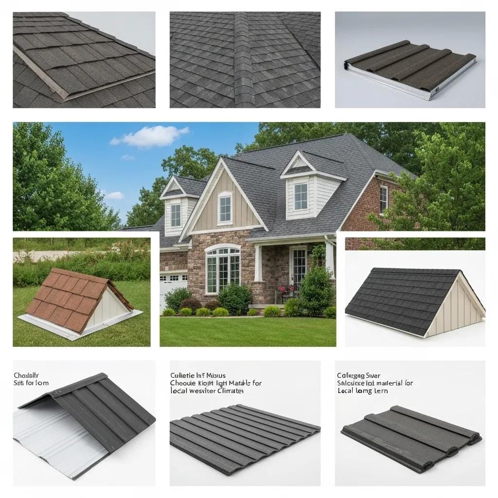 Diverse roofing materials displayed on a Collegeville home under a clear sky