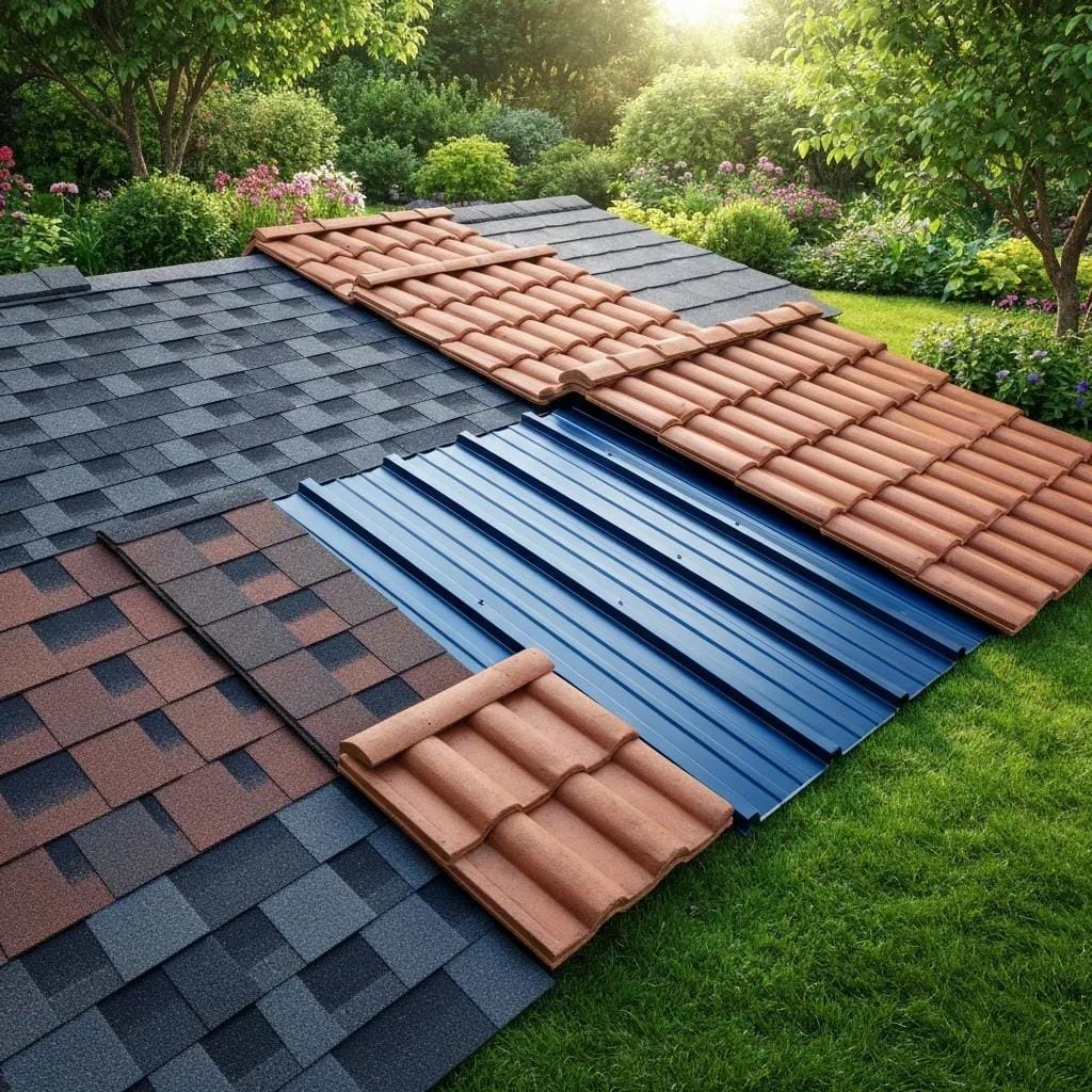 Comparison of various roofing materials like asphalt shingles, metal panels, and tiles