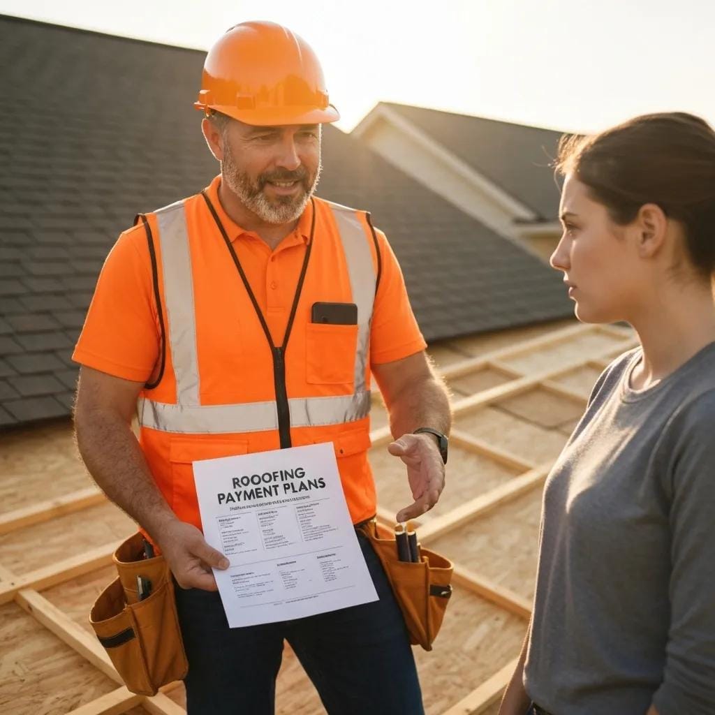 A friendly contractor explaining flexible payment plans for roofing to a homeowner