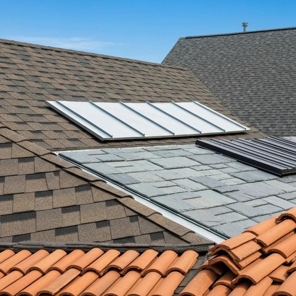 Diverse roofing materials including asphalt shingles, metal panels, slate tiles, and clay tiles displayed in a suburban setting